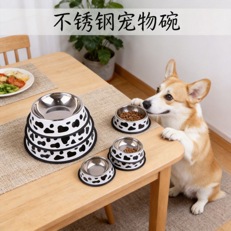 Suministros para mascotas Amazon nueva vaca redonda de acero inoxidable Pet Bowl anti-Flip gato tazón perro tazón al por mayor
