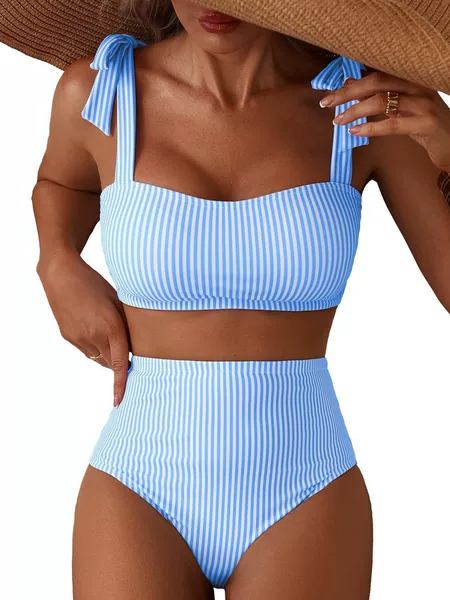 2026 European and American New Style Women's Tie-Shoulder Swimwear Bikini Set 2-Piece Striped Swimsuit High-Waisted Swimsuit
