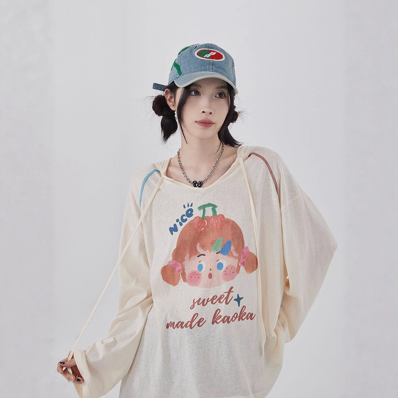 [Factory Ready Stock] Hooded Long-Sleeved T-Shirt for Women, Thin Lazy Style Air-Conditioned Blouse, Knitted Pure Desire Sun Protection Top