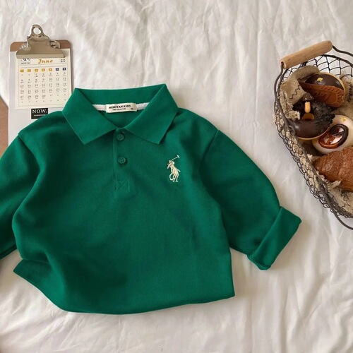 Spring and autumn new children's polo shirts for boys and girls embroidered lapels long-sleeved loose T-shirts street-level bottoming baby tops