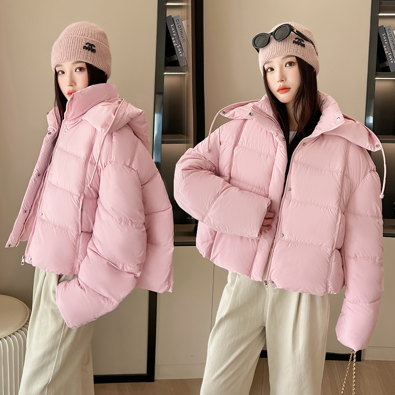 2025 nuevo encapuchado grueso corto de moda de algodón de invierno mujer pequeña chaqueta de algodón de pan caliente