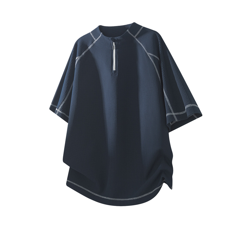 Waffle Knit Half-Zip Short-Sleeve T-Shirt for Men, Summer Season, with Visible Stitching, Stand-Up Collar, Loose Fit for Teenagers