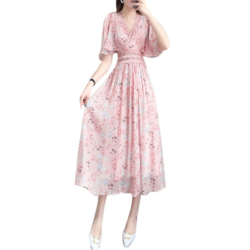 Little chiffon dress summer 2024 new British style waist slimming goddess style over-the-knee French skirt