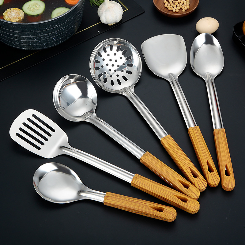 Espátula de acero inoxidable, colador, cocina, mango de madera para el hogar, espátula de acero inoxidable, cuchara de sopa, juego de utensilios de cocina, pala de cocina