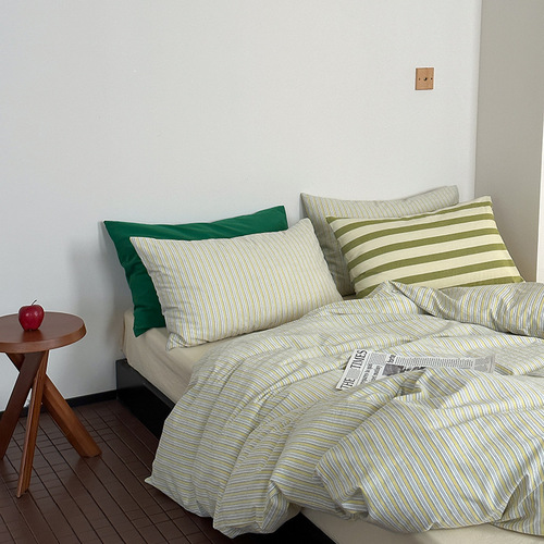 Ins minimalist pure cotton washed cotton striped green bed set 100% cotton 1.5m 1.8m apartment duvet cover set of three