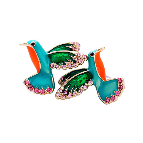 Stylish European and American enamel stud earrings with a unique drop-oil design—women's diamond-encrusted jewelry featuring flying birds and vibrant hummingbirds.