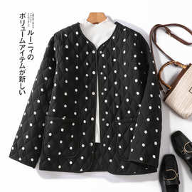 2025秋冬新款复古圆领撞色波点设计单排扣双口袋夹棉保暖棉衣外套