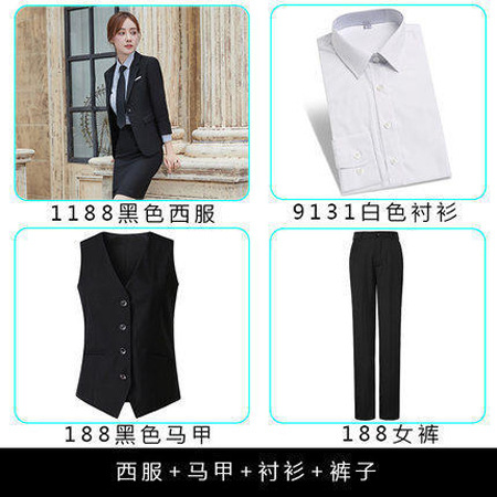여성용 블랙 코트 + 바지 + 흰색 셔츠 + 양복 조끼
