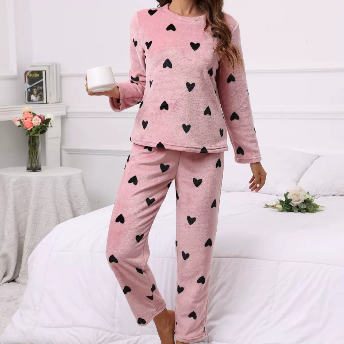 跨境女装休闲家居服外贸秋冬睡衣套装爱心满印长袖长裤保暖两件套