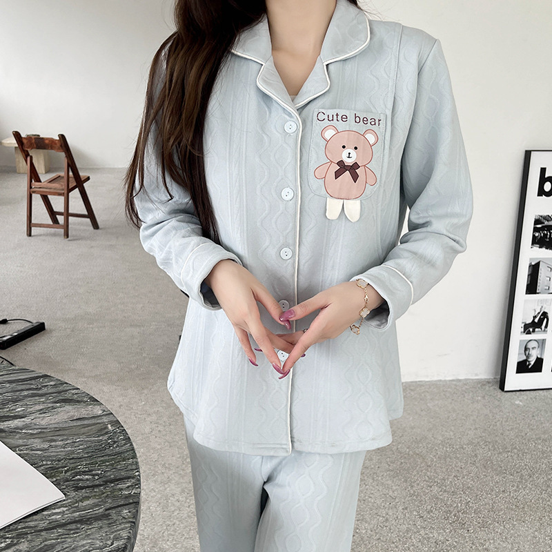 Autumn and Winter New Air Cotton Sandwich Confinement Clothes Lapel Cute Bear Postpartum Breastfeeding Warm Pajamas