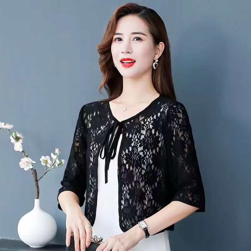 2024 Spring Summer Autumn Outer Shawl Lace Women's Loose Slimming Large Size Hollow Out Sunscreen Short All-Match Small Shawl