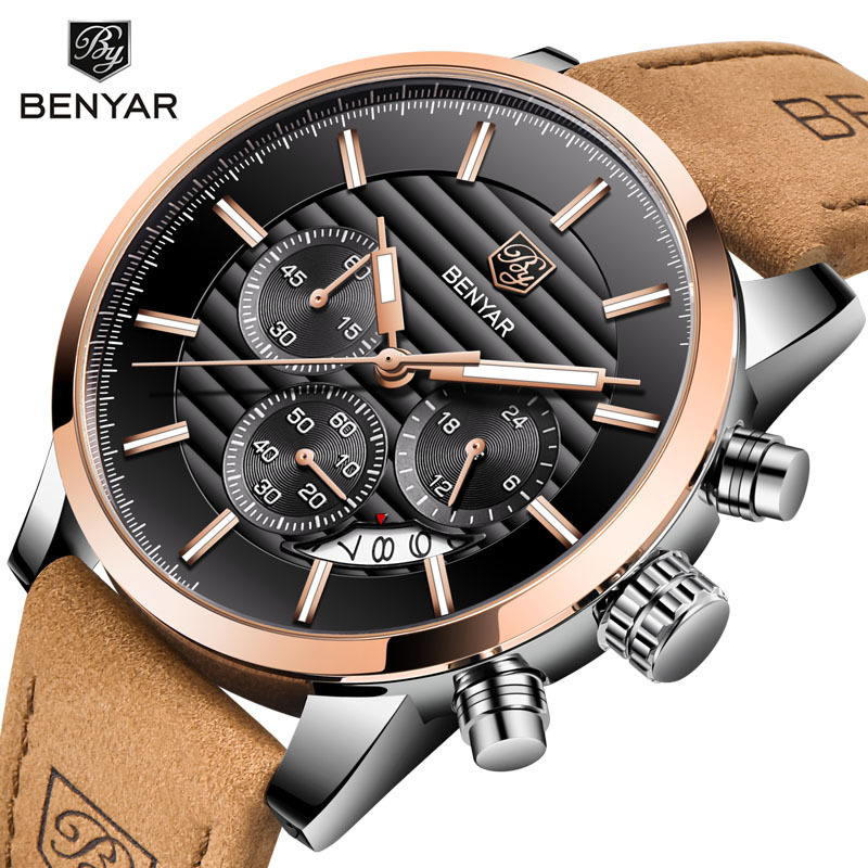 BENYAR Binya reloj de negocios de los hombres de cuarzo explosión transfronteriza de seis Pines de moda de cuero calendario multifunción Mesa 5104