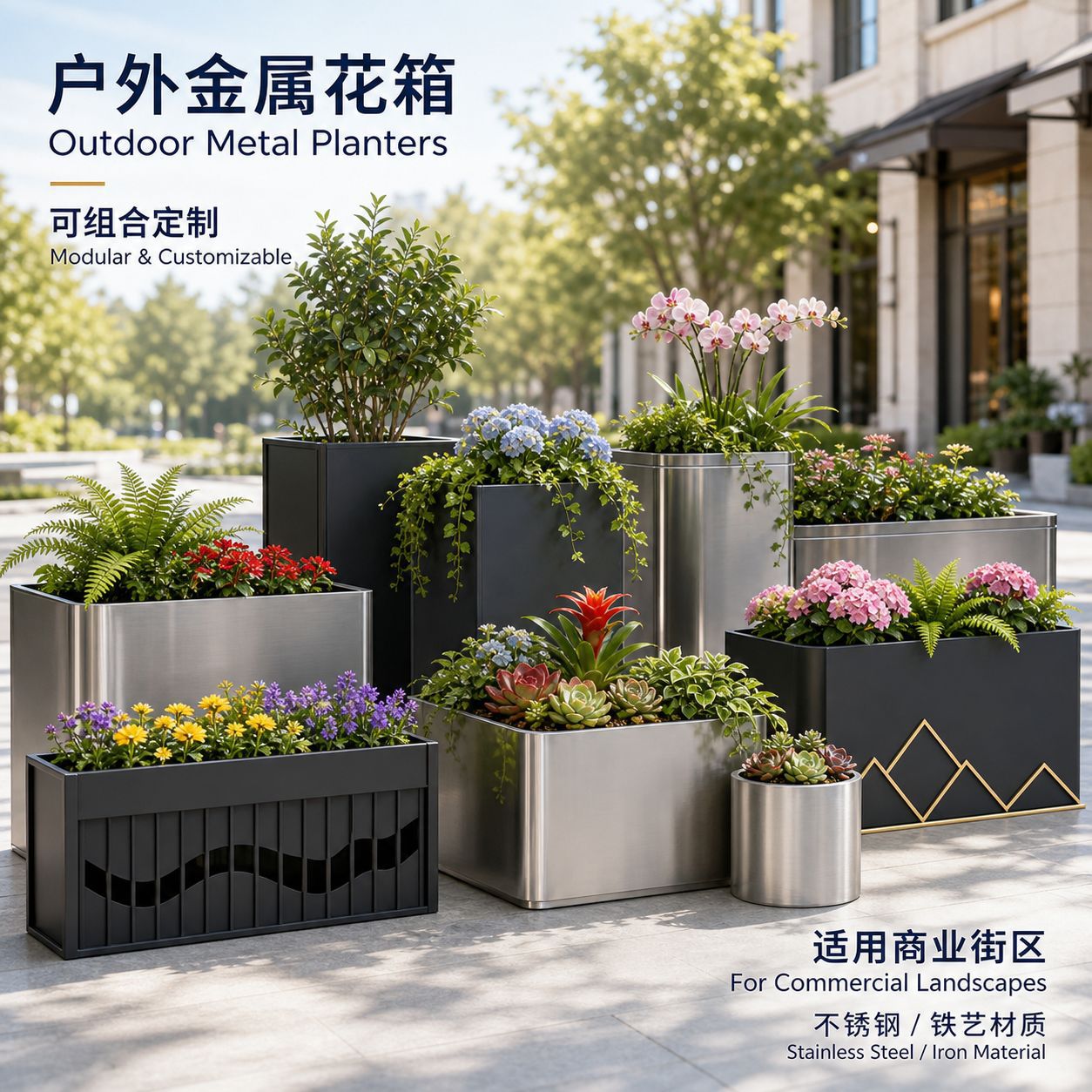 Caja de flores de acero inoxidable forjado al aire libre, sala de ventas, caja de flores de calle comercial, caja de flores de metal terminada, cerca de caja de flores
