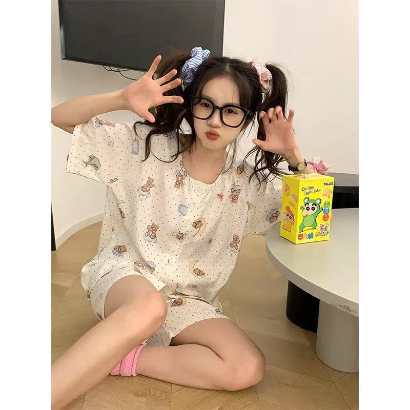 2025 Cute Ins Style Bear Polka Dot Pajamas Set for Women Summer Round Neck Cardigan Loose Can Be Worn Outside Home Clothes