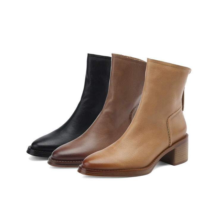 Leather low boots high heels, western style, cowhide