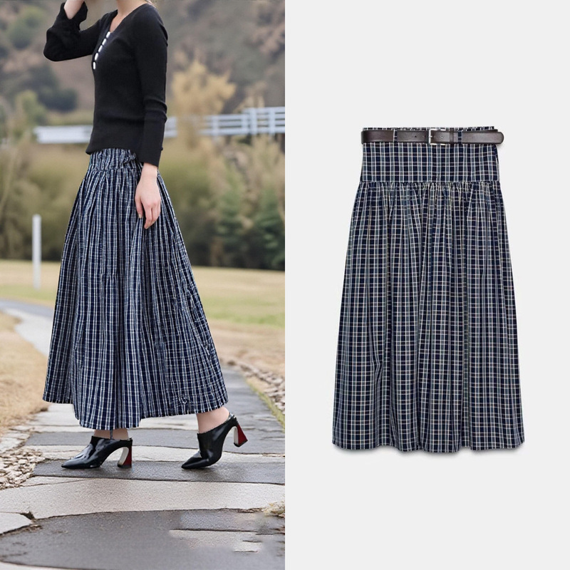 Za Cross-Border Export Spot European and American Style Women's Summer New Fashion Belt Plaid Waist Midi Skirt