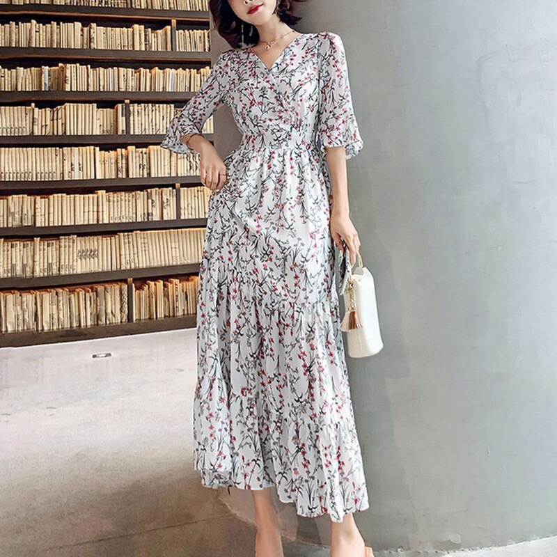 Foreign Trade Cross-Border Summer Ruffled V-Neck Long Dress Chiffon Floral Waist-Cinching Dress Pg0456 Foreign Trade Cross-Border Summer Ruffled V-Neck Long Dress Chiffon Floral Waist-Cinching Dress Pg0456