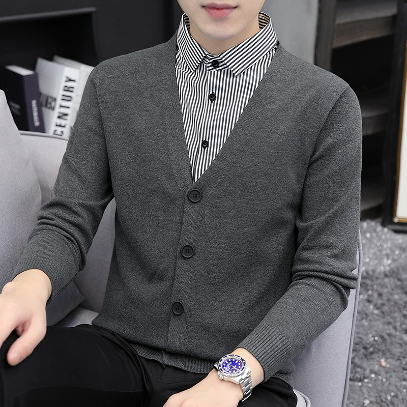 14158-Fake Two-Piece Men's Shirt Collar Sweater, Spring and Autumn 2026 New Korean Style Versatile Collared Knit Top for Men