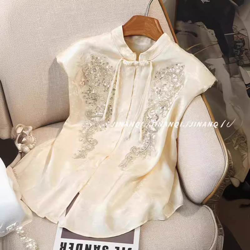 New Chinese-Style Heavy Embroidery Acetate Shirt for Women, 2025 Summer New National Style Slim-Fit Sequin Chiffon Cheongsam Top