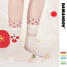 夏季新款女袜水晶冰丝中筒袜玻璃丝网眼透气卡通吸汗薄款花边袜子