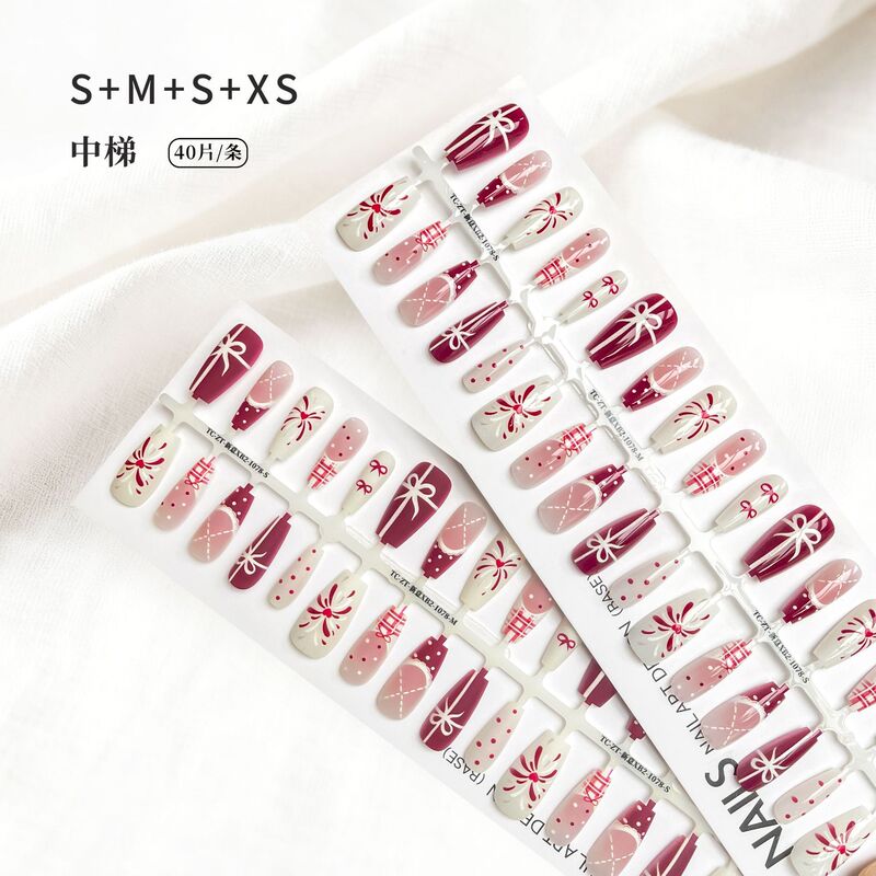 New Year's Fireworks Manicure Base Color Prefabricated Nails French Butterfly New Chinoiserie Cherry Wine Red Wearable Nails Fake Nails