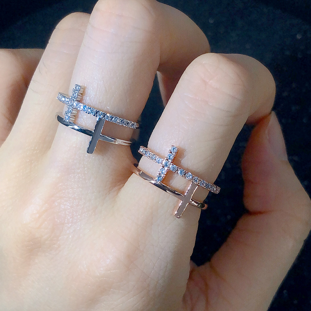 Double Cross Ring Gold Plated Zircon Wedding Ring For Couples_voghion.com
