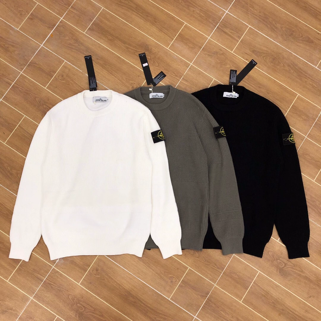 Свитер-пуловер (Stone Island) с резиновой вставкой, вязка, круглый вырез, черный/белый/серый, размер M–XXL