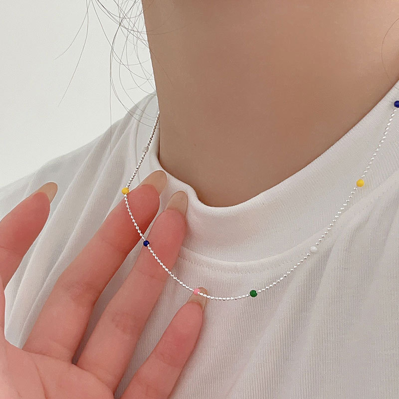 Holding Heng s925 sterling silver IU same style dopamine rainbow beaded necklace for women South Korea beanie simple design necklace