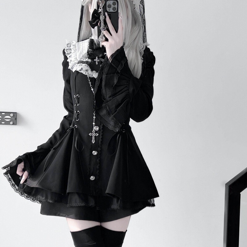 Early autumn gothic dress for women, lace trim, tie-waist, long-sleeved Lolita mini dress, wholesale supply