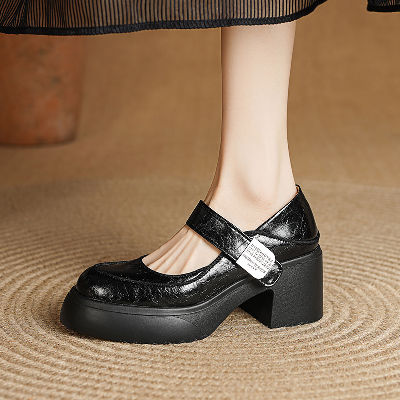 7cm European Style Thick-Soled Comfortable Mary Jane Shoes 2026 Spring and Autumn New Round-Toe Chunky Heel Shallow Mouth Slimming High Heels