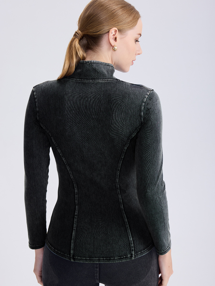 Chaqueta de yoga de mezclilla con cremallera para mujer, estilo nuevo de primavera y verano, cuello alto, corte ajustado, doble bolsillo, ropa deportiva, top de fitness.