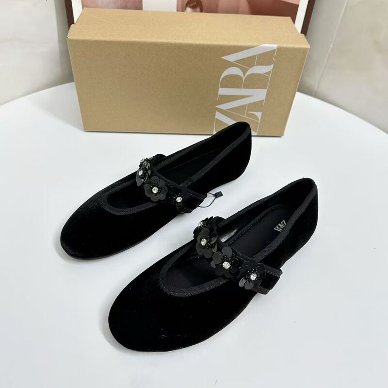 Za2025 New Winter Style Black Round-Toe Velvet Floral Ballet Shoes with One-Strap Mary Jane Flat Shoes