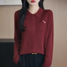 春秋6羊毛针织开衫女翻领上衣2025秋季新款时尚钉珠刺绣毛衣外套