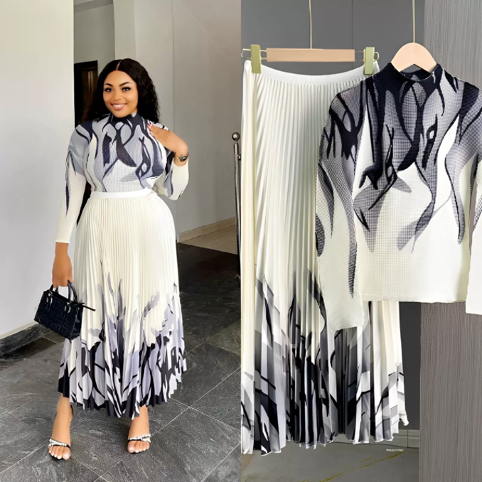 Miyaki三宅褶皱气质波纹印花百褶裙套装时尚设计感两件套dress跨