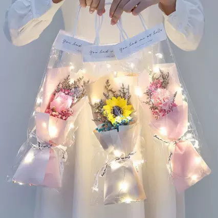 提手包装永生花玫瑰花泡沫花康乃馨节日礼物香皂花可带灯向日葵