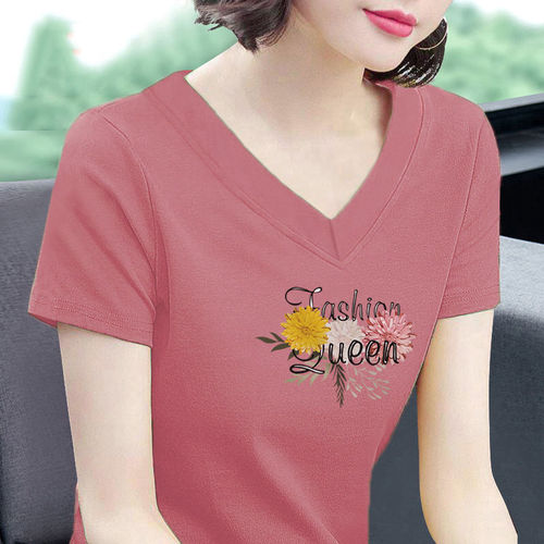 Wholesale Mom White T-Shirt for Women Short Sleeve Loose V-Neck 2025 Summer Top with Chicken Collar Thin T-Shirt
