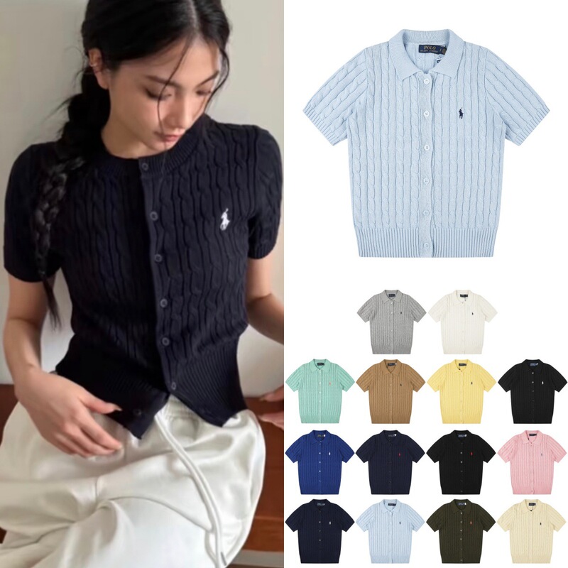 Ralph Lauren Polo Lapel Solid Color Cable Knit Short-Sleeve Cardigan Classic Versatile Women's Slim-Fit Spring/Summer Top Ralph Lauren Polo Lapel Solid Color Cable Knit Short-Sleeve Cardigan Classic Versatile Women's Slim-Fit Spring/Summer Top