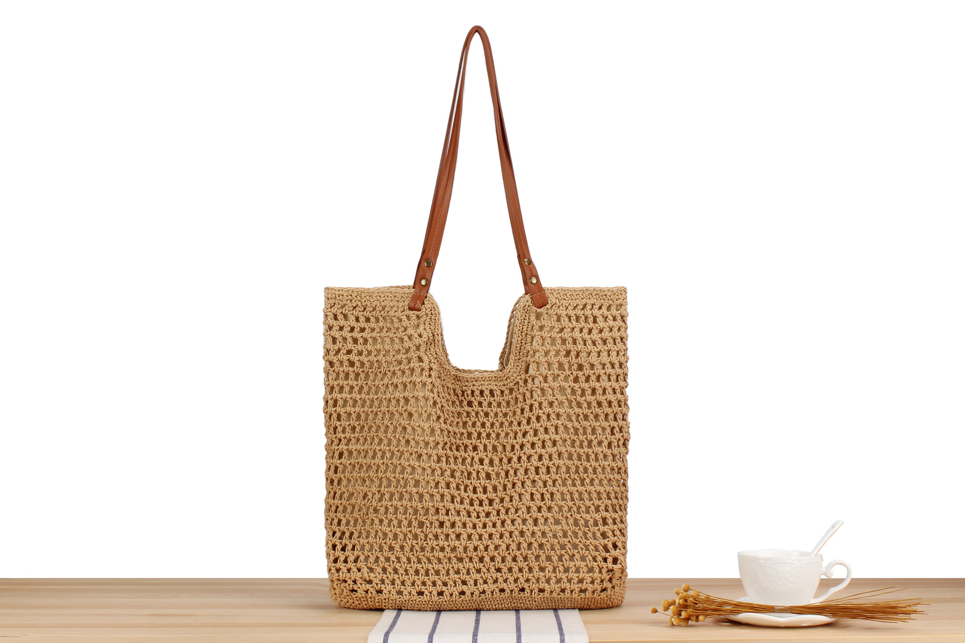 Polyester Cotton Lining Material Women's Vacation Beach Solid Color Cotton Shopping Bags