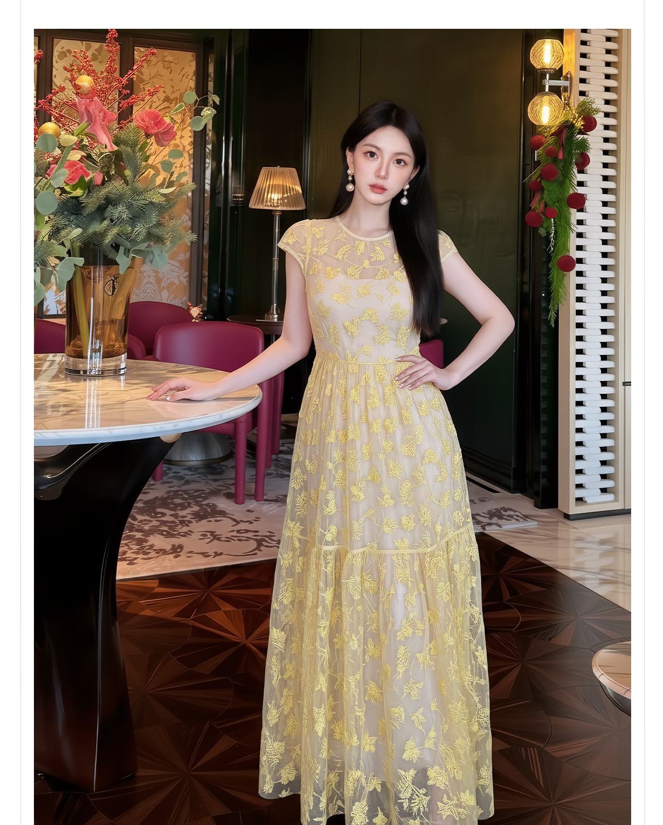 Đầm maxi nữ thêu ren hoa cổ điển tay ngắn thắt eo — màu sắc chi tiết 4