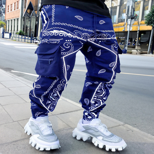 Bestselling work pants with fruit print, multiple pockets, loose street-style high-top harlequin pants for men