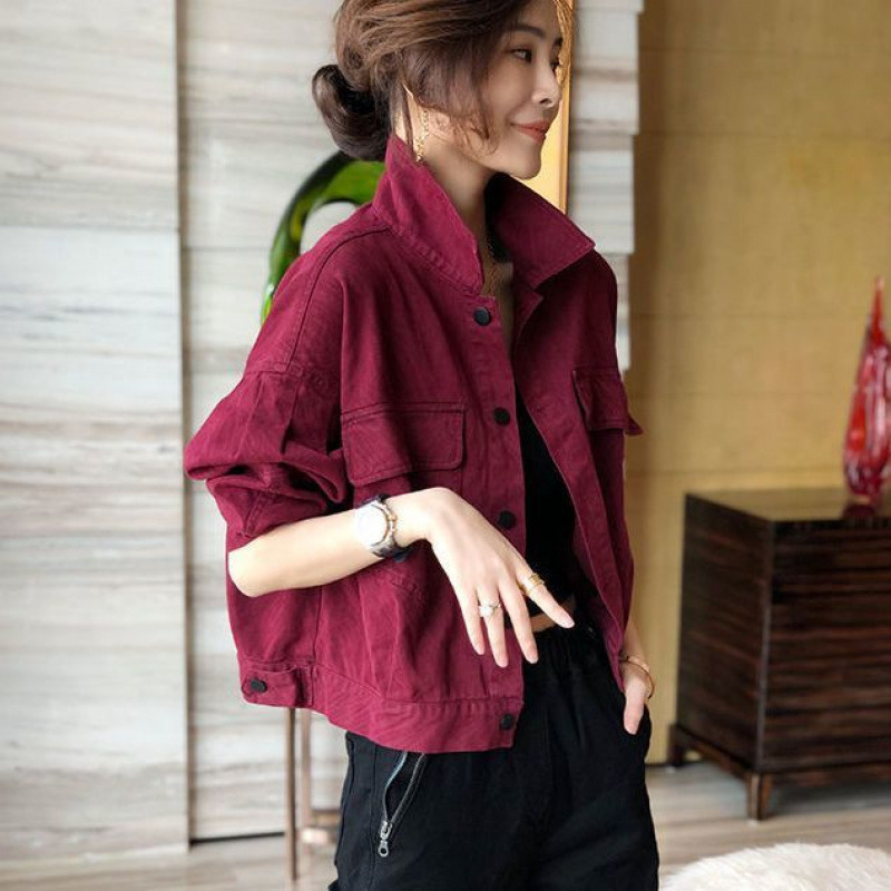 Burgundy Short Denim Jacket for Women 2024 Spring and Autum Loose and Versatile High-End Long-Sleeved Work Jacket Top