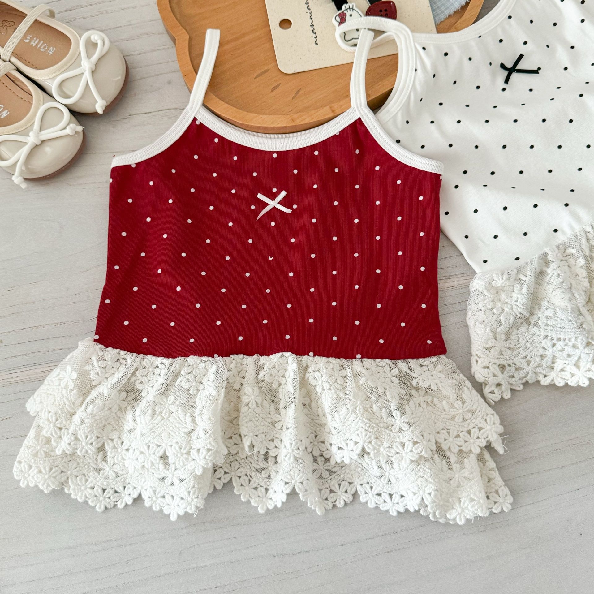 Limón salado siete verano cuello redondo mujer linda niña lunares estilo coreano tirantes vestido de niña chaleco de bebé todo fósforo