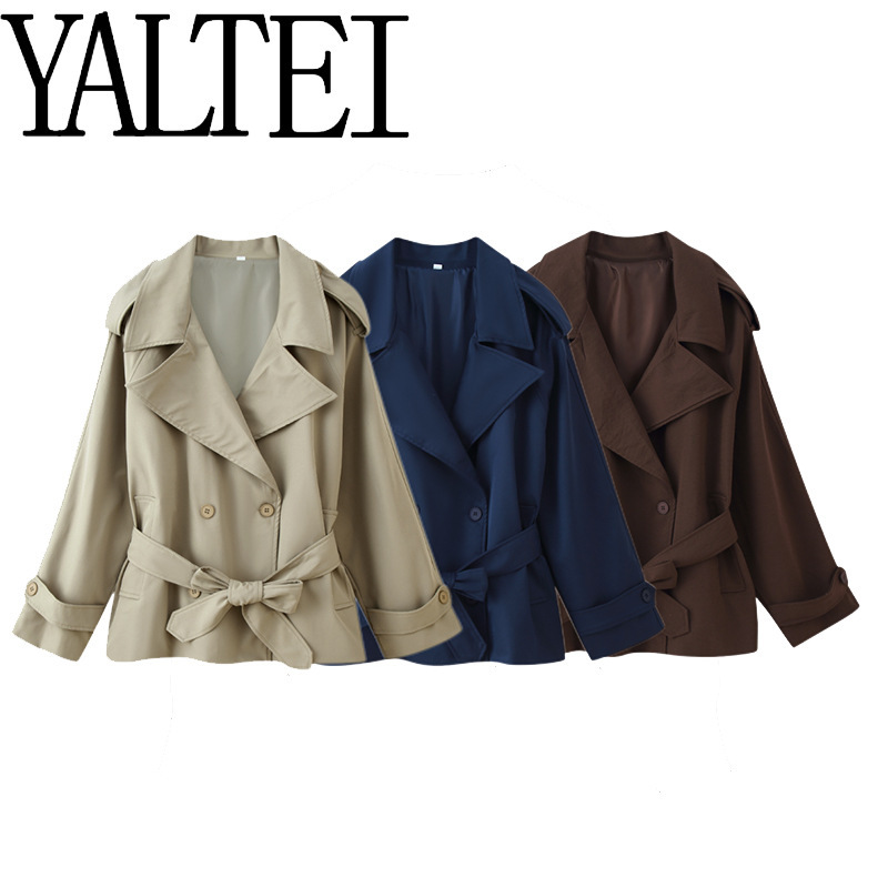 Yaltei Cross-Border Aliexpress Ins European and American Export Women's Versatile Three-Color Lapel Lace-Up Loose Windbreaker Outerwear
