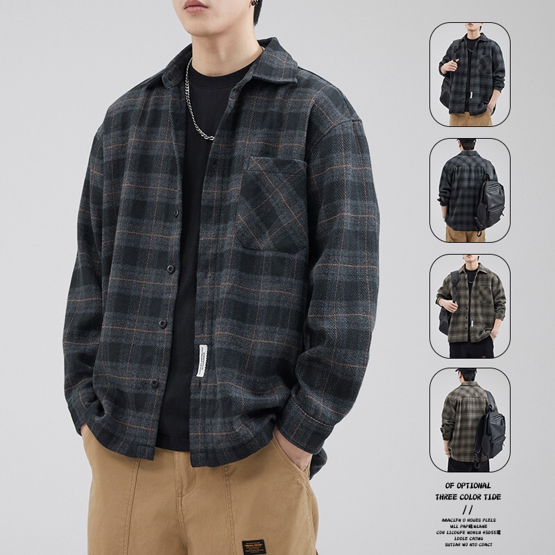 Japanese-Style Brushed Workwear Long-Sleeve Shirt for Men, Spring and Autumn Casual Plaid Loose Shirt Jacket for Men Trendy
