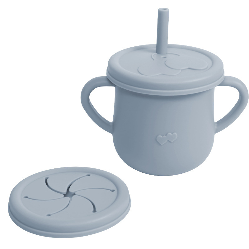Taza de silicona de grado alimenticio para niños, taza de paja de silicona, mango de orejas resistente a la caída con taza de bocadillos para bebés, cubierta de agua