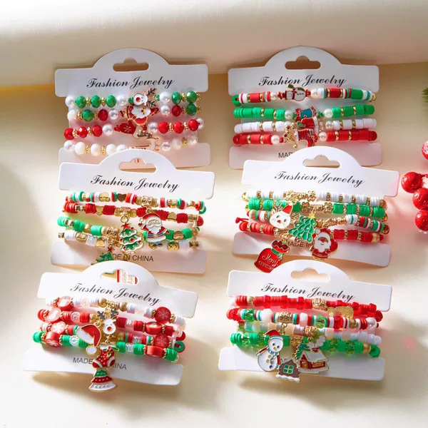 European and American Cross-Border Christmas Accessories Soft Pottery Imitation Pearl Beaded Bracelet Set Santa Claus Elk Pendant Bracelet