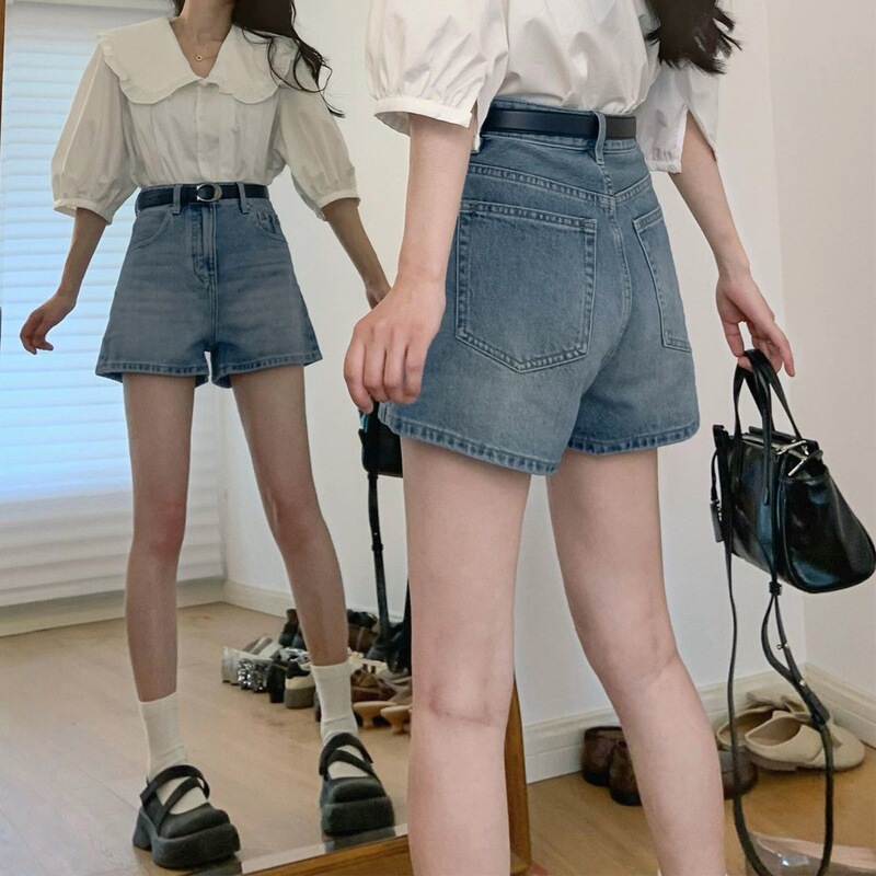 American-Style High-Waisted Straight-Leg Denim Shorts for Women, New Summer Style, Loose Fit, Slimming, Versatile, Petite A-Line Hot Pants