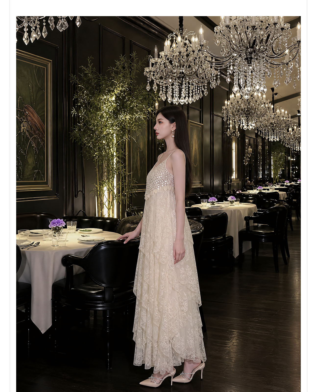 Đầm maxi nữ thắt eo thiết kế tân cổ điển ren xếp tầng đính hạt — màu trắng ngà chi tiết 6