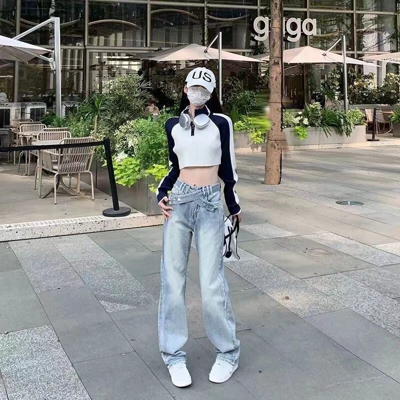 Cross strap light-colored wide-leg jeans women's high waist loose slimming straight American draping mop pants 2024