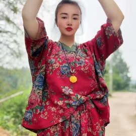 2025夏季韩版宽松文艺复古双纱印花V领套头T恤东北大花上衣小衫女